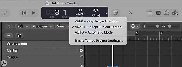 The three main Smart Tempo modes: Keep will apply the project’s tempo to any new recordings or imported audio/MIDI, Adapt conforms the project tempo to new recordings/imports, and Auto will decide which mode to use automatically.