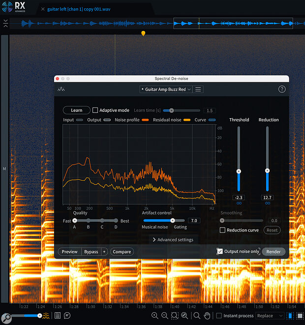 Spectral noise removers such as the one in iZotope RX are a far better option than a noise gate for removing hiss and buzz on guitar recordings.